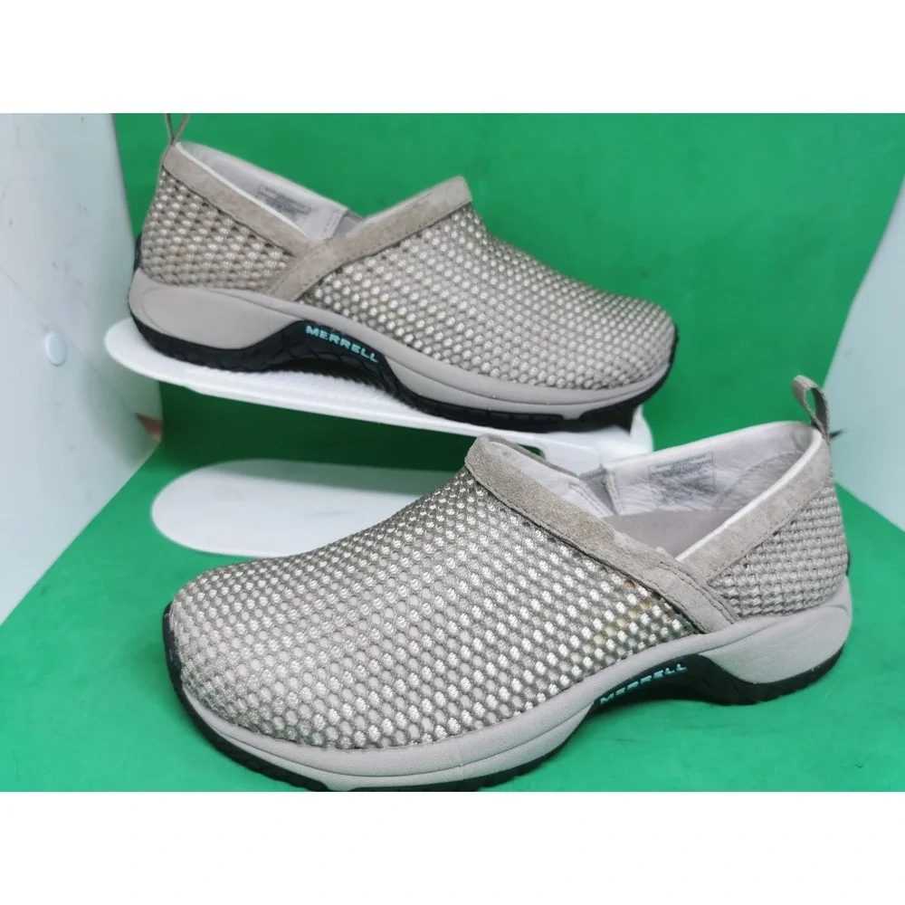 MERRELL GRAY/BEIGE MESH MOC SLIDE SLIP ON CLOGS SHOES WOWENS SIZE 6.5